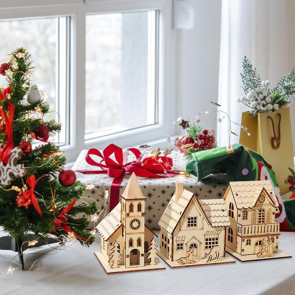 LED Christmas House Light up Table Cabin 3x Funny Holiday Decoration Cute Desk Ornament for Bedroom Kitchen Farmhouse