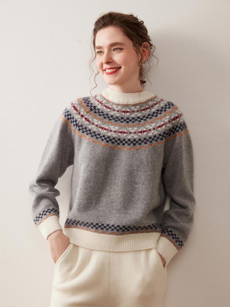 Women's Retro Fair Isle Jacquard Half-High Collar Cashmere Sweater – Loose Knit, Long Sleeve