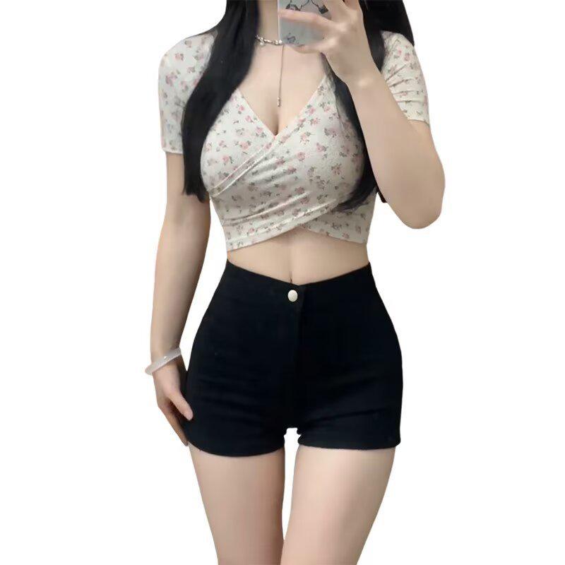 Женские шорты с завышенной талией, черные джинсовые А-силуэта, в американском стиле, летние, облегающие бедра