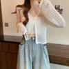 Summer Hollow Knitted Blouse Long-sleeved Solid Color One Button, Pure V-neck New Spice Girl Top Design Sense
