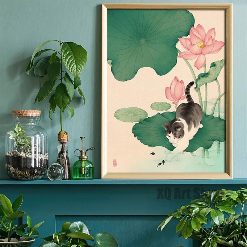 Очаровательные забавные животные, художественная кошка, играющая с рыбой в воде, постер, картина на холсте, печать, настенная художественная картина для дома