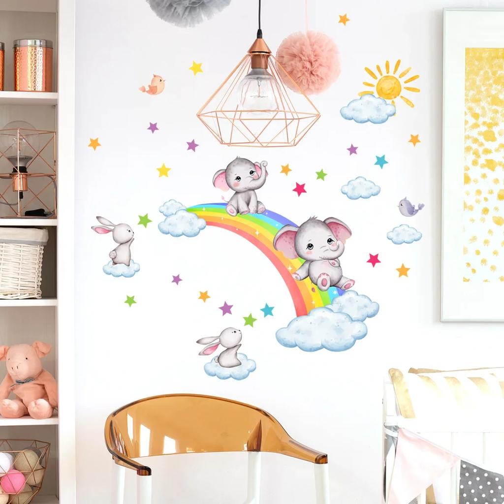 Наклейки на стену со слонами «Радуга и облака» для детской комнаты и фонового украшения стен в комнате — самоклеящиеся настенные рисунки