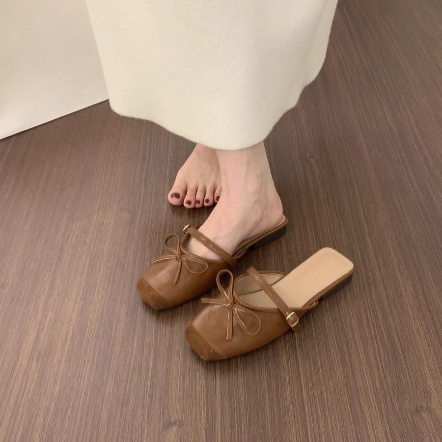 French Flat-bottomed Evening Wind Bag Head Half Slippers Women's Outer Wear Summer One-pedal Bow Square Head Muller Shoes Sandals
