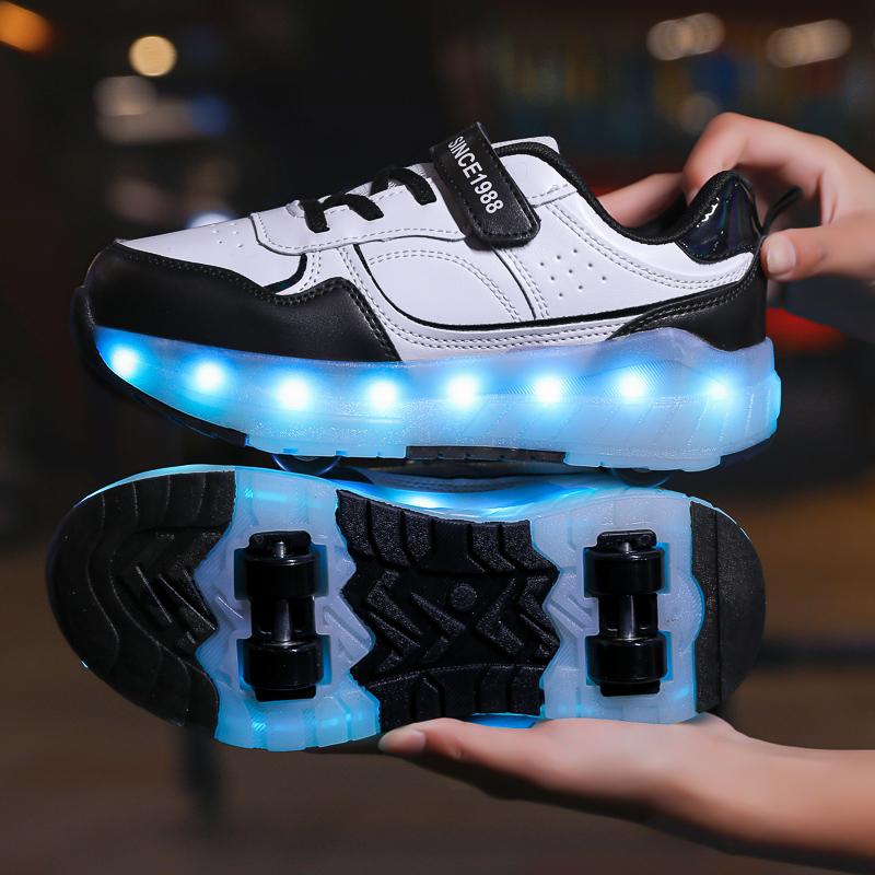 Kid's Lights Sports Shoes Rubbing Shoes Solid Magic Patch Can Charging Double-row Four-wheel Slide Shoes