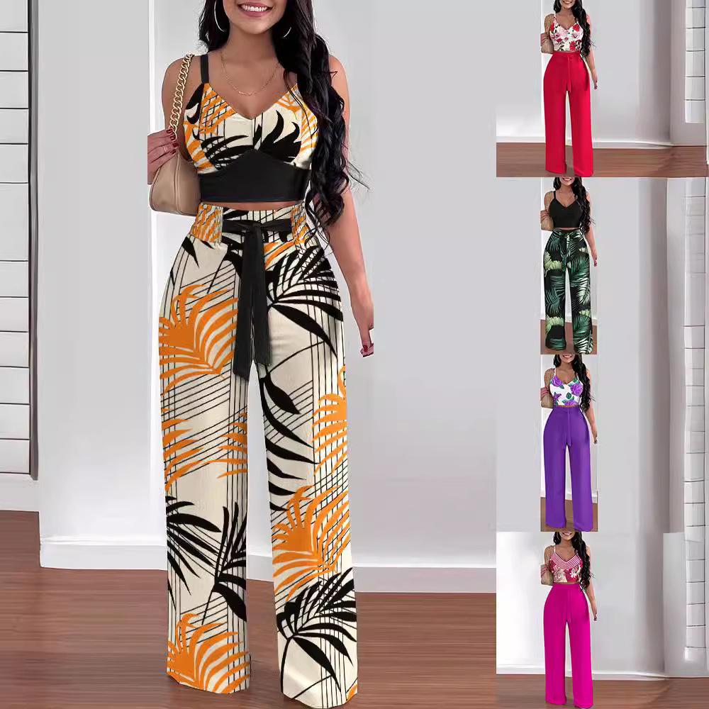 T9006 Европейская и американская весенне-летняя модная печатная майка и длинные брюки на кулиске