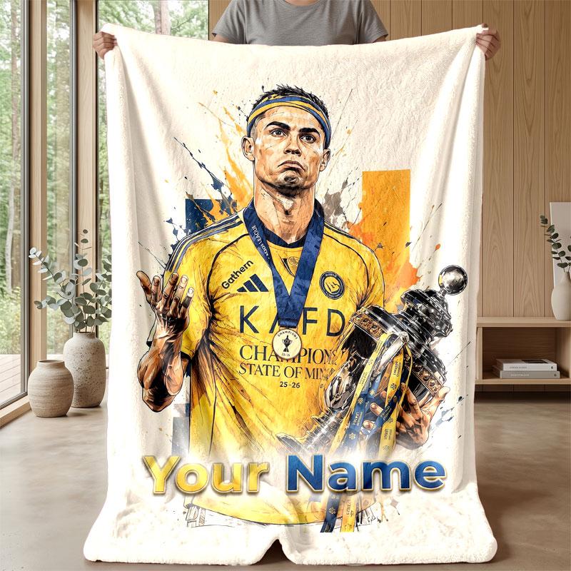 Cristiano Ronaldo Custom Name Text Flannel Blanket Soccer Logo Personalized Fleece Throw Blanket Special Gift For Sofa Bedroom Home