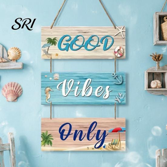 Wooden Ornaments Beach Theme Wall Sign Good Vibes Only Hanging Plaque with Hemp Door Decoration Rope Coastal Ocean-Style Welcome for Porch Fence