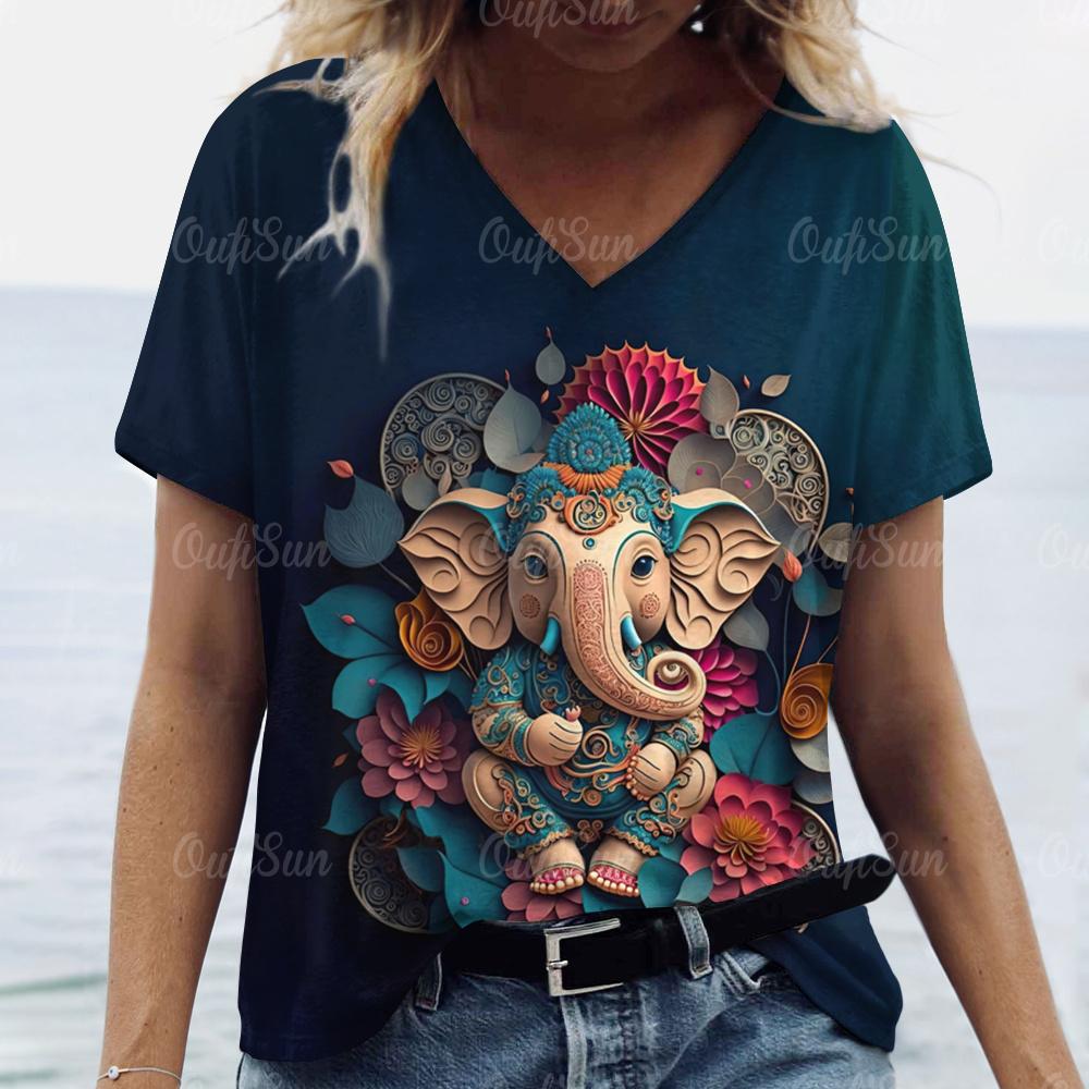 Топ Женская футболка с принтом слона Женская футболка большого размера Летняя женская одежда Футболки с V-образным вырезом и принтом животных Женская мода