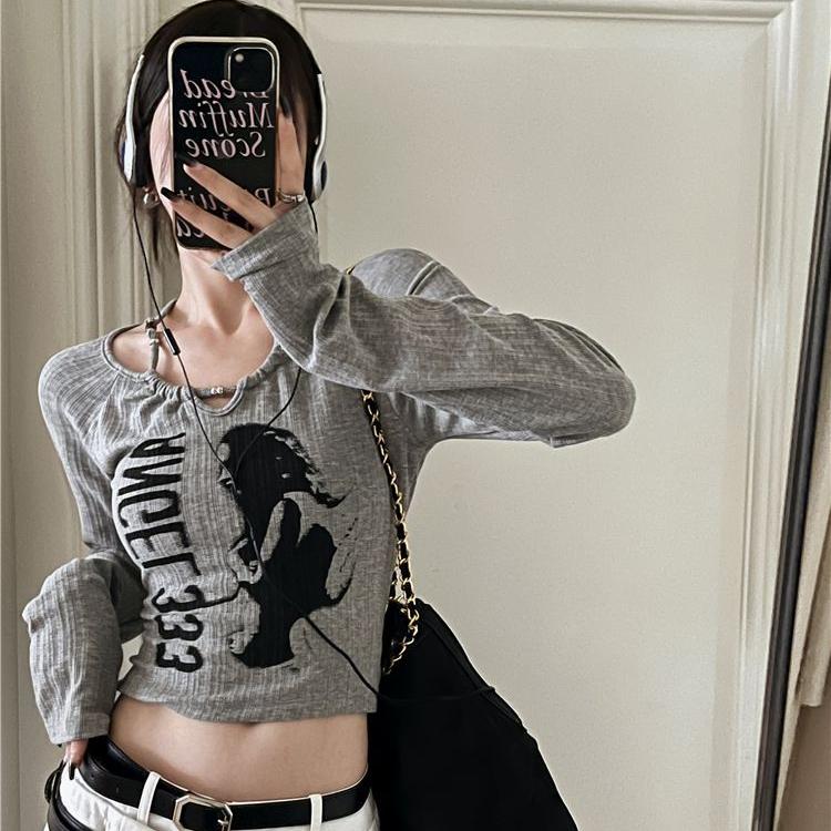 Grunge Y2k женская футболка с винтажным принтом и круглым вырезом в стиле пэчворк, тонкий топ с длинными рукавами Kpop, модная футболка с рисунком, уличная одежда