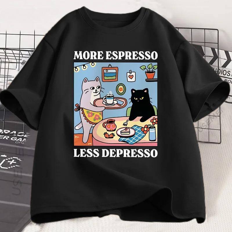 More Espresso Less Depresso Black Cat Tshirt Unisex Women Funny Coffee Cat T Shirt Casual Summer Cotton Short Sleeve Tshirt Tops