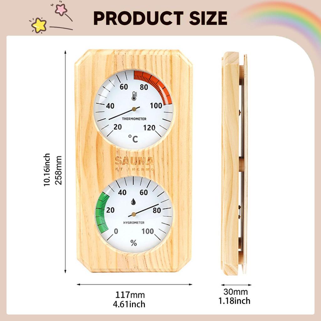 2-in-1 Hygrometer/hygrothermograph for Sauna, Made of Wood, Easy to Install. Temperature And