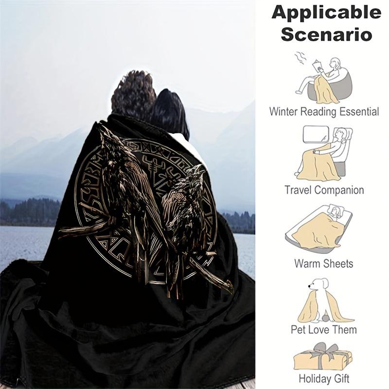 Viking Crow Flannel Blanket ,Vintage Black Throw ,Soft Multi,Functional ,Perfect for Office Camping Travel ,Cool Biker Gift