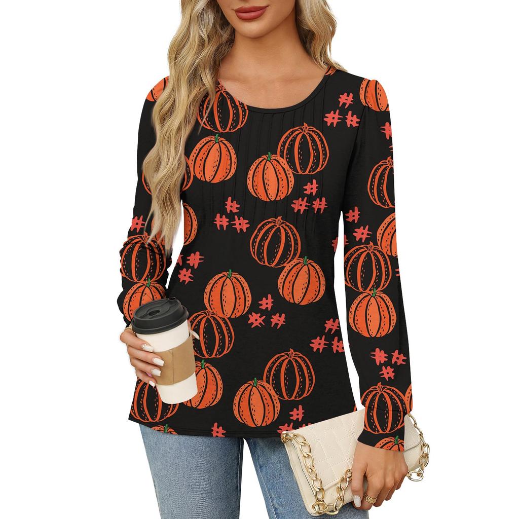 Long Sleeve Shirts For Women Cute Print Graphic Tees Blouses Dressy Casual Blouses Pleated Scooped Neck Tunic Tops Halloween