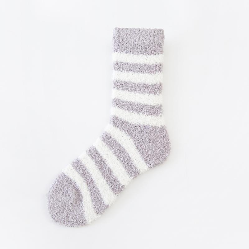 Women's Cozy Striped Coral Fleece Socks - Mid-Tube Warm, Plush Floor/Bed Socks for Autumn & Winter