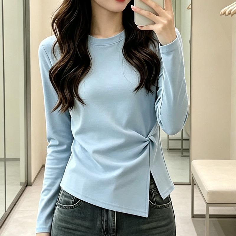 Women S Round Neck Twist Long Sleeve T Shirt Slim Fit Casual Basic Top