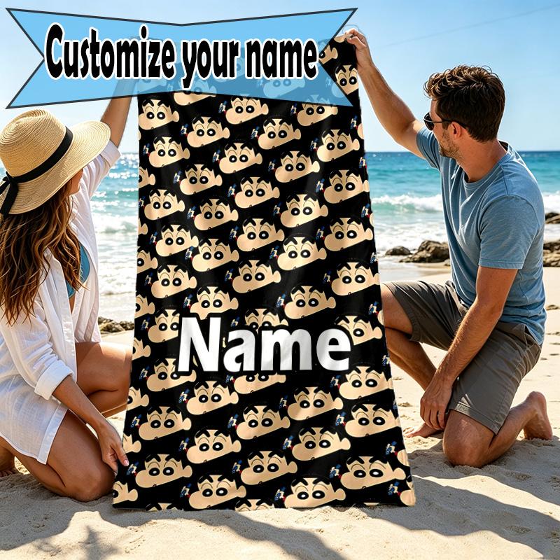 Custom Name Personalized Crayon Shin Print Beach Towel, for Trip Camping Beach Party Home Decor, Birthday Gift for Family & Friends
