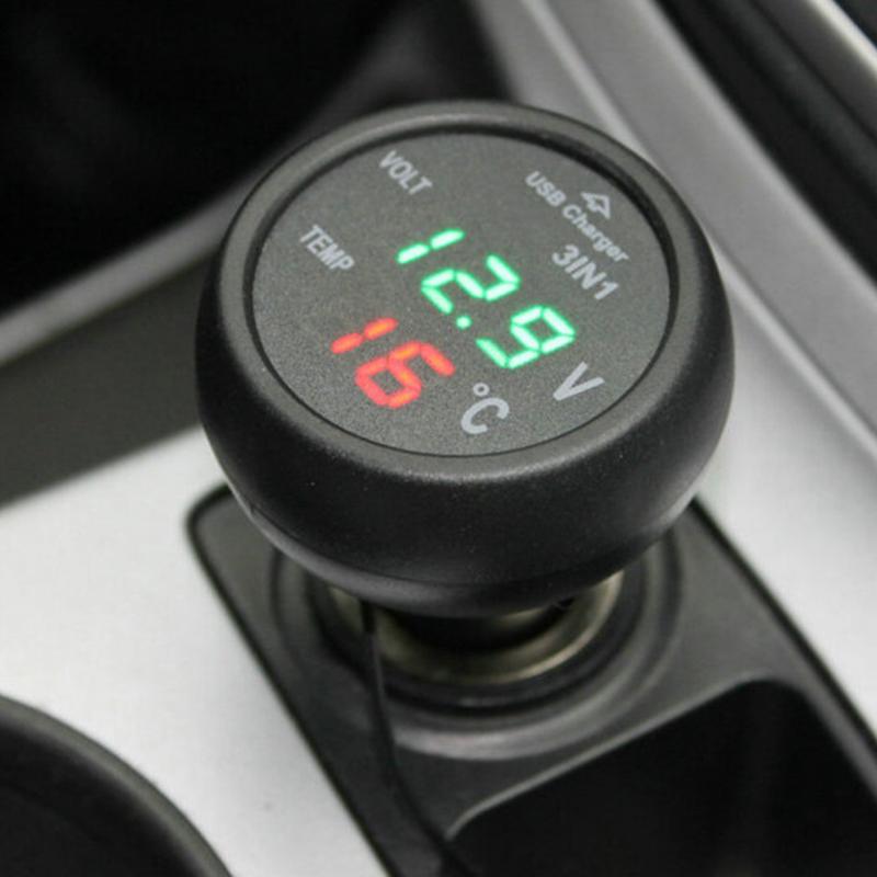 Автомобильное зарядное устройство 3-в-1 12/24 В Вольтметр Термометр USB-зарядка Переключатель Автоматический Светодиодный Цифровой Монитор Дисплей Амперметр Детектор напряжения