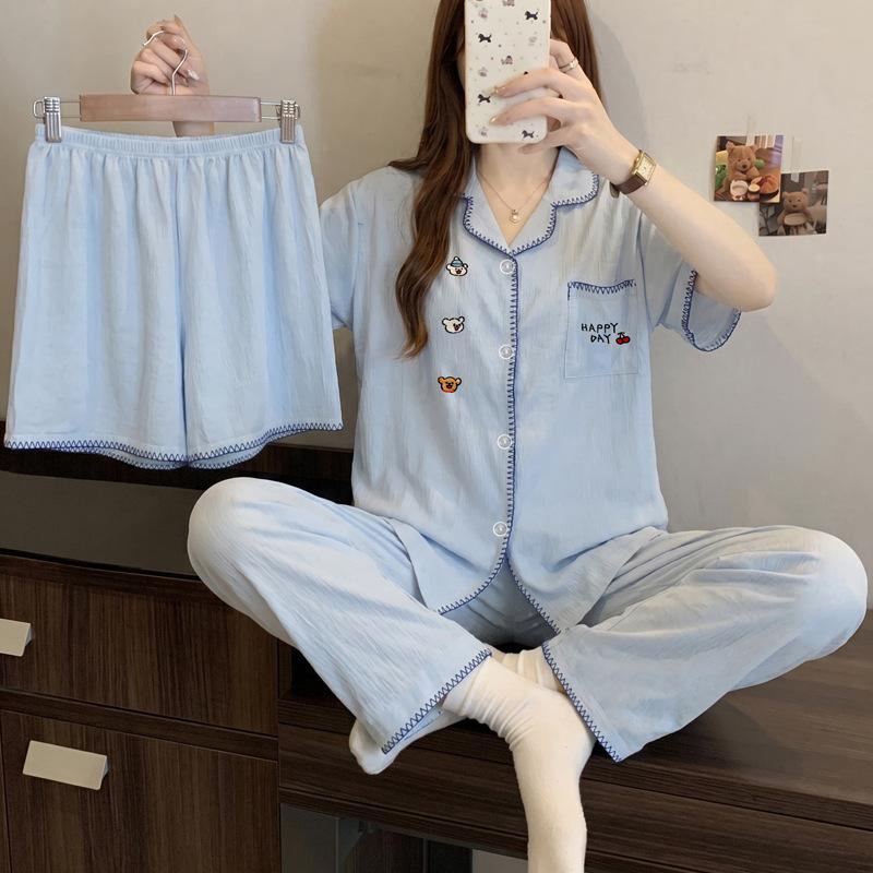 Small contrasting colors, fresh cloud cotton pajamas, women's summer new sweet and cute short-sleeved three-piece loungewear