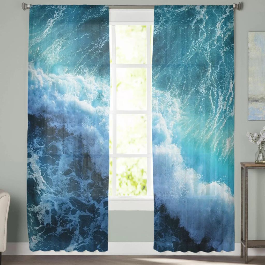 Blue Sea Waves Tulle Curtains for Living Room Drapes Window Sheer Modern Curtains for Bedroom Decor