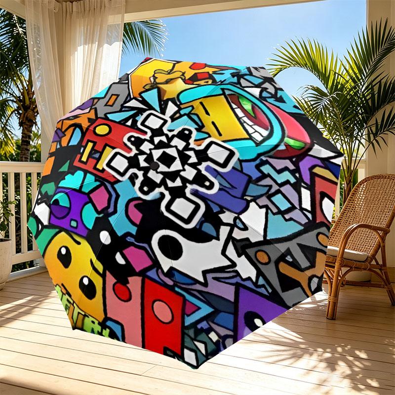 Geometry Dash Print Automatic Open Close Umbrella, Portable Foldable Umbrella, for Outdoor Commute Camping Trip, Ideal Birthday Gift