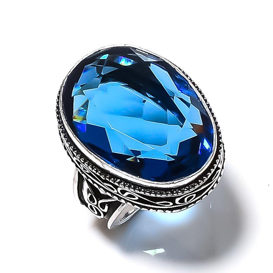 London Blue Topaz Gemstone Handmade 925 Sterling Silver Jewelry Ring Size 9 n3F92