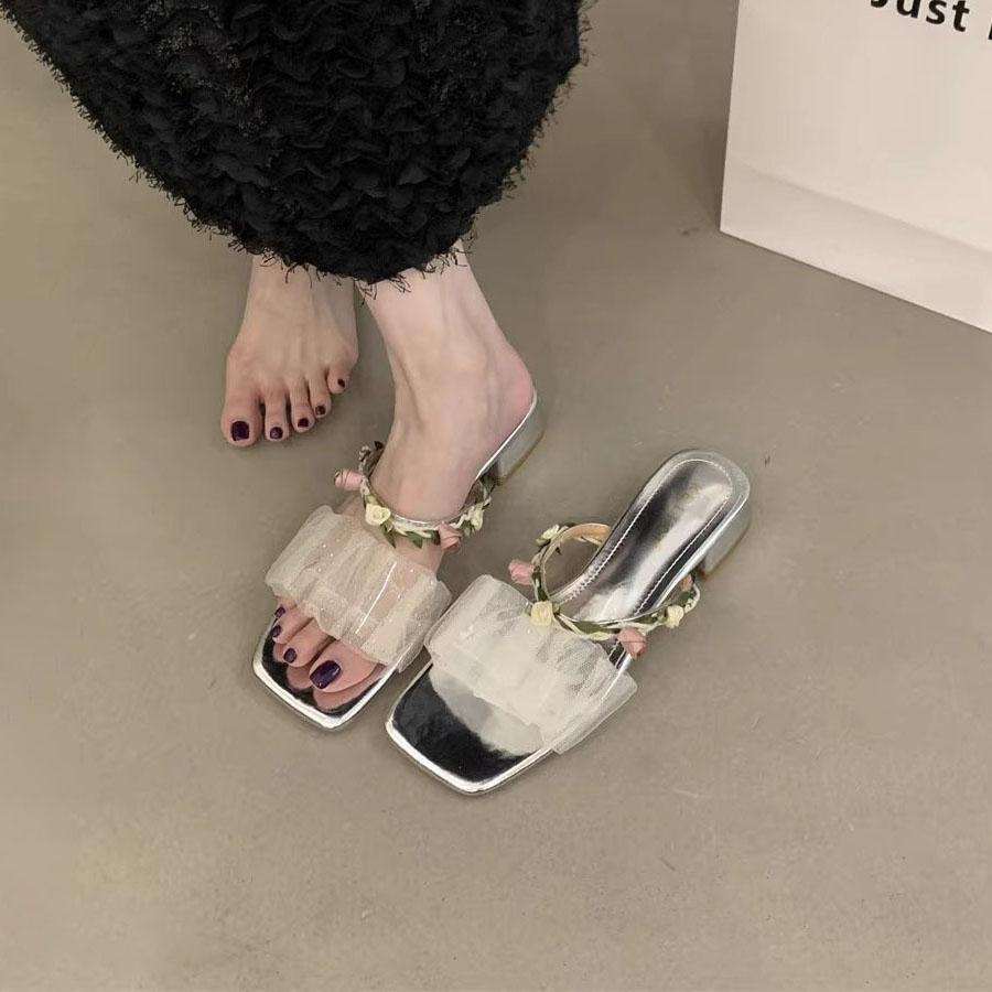 Fashion Shoes Slippers Casual Square Heel Pink Slides Slipers Women Luxury Block Summer 2025 Scandals Toe Shoes Ladies' Slippers Pink Sl