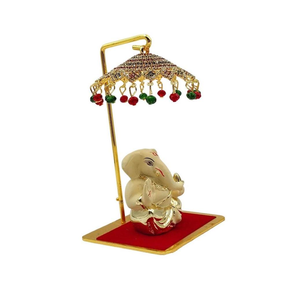 Metal Umbrella Chhatra with Hanging Crystals for God Idol, Car Dashboard/Office Desk/Table/Home Decor Showpiece, Chatri Aasan