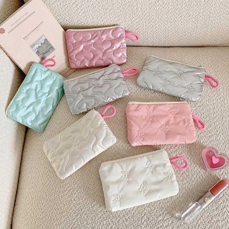 Women Cosmetic Bag Bow Silver Glossy Mini Makeup Bag  Coin Purse Coin Pouch Cute Wallet Portable Earphones Data Cable Bag