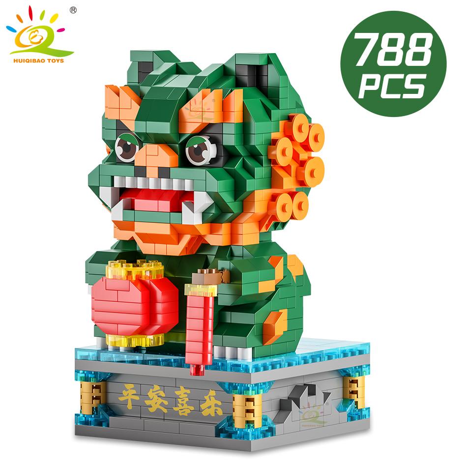 Китайский стиль Lucky Dancing Lion Diamond Micro Building Blocks Украшение стола Кирпичи Детские собранные игрушки для детей