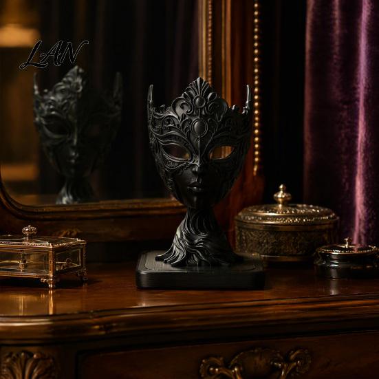 Small Tabletop Art Pieces 3D Printed Masked Woman Ornament, Matte Black Gothic Spooky Seasonal Displays Figurine, Creative PLA Halloween Sculptures