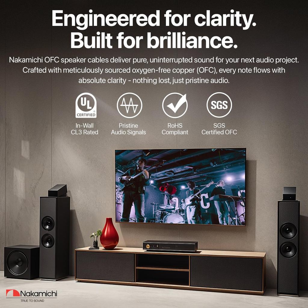 Акустический кабель Nakamichi OFC, подходит для внутренней потолочной и наружной установки, прямой, ПВХ, аудио, черный, 2-жильный, бескислородная медь, совместим с CL2/CL3, для проводки,