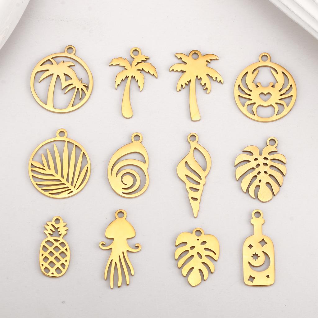 5Pcs Pineapple/Monstera Leaf/Tropical Hawaii Palm Tree Charms Stainless Steel Conch Pendant DIY Bracelet Necklace Jewelry Making