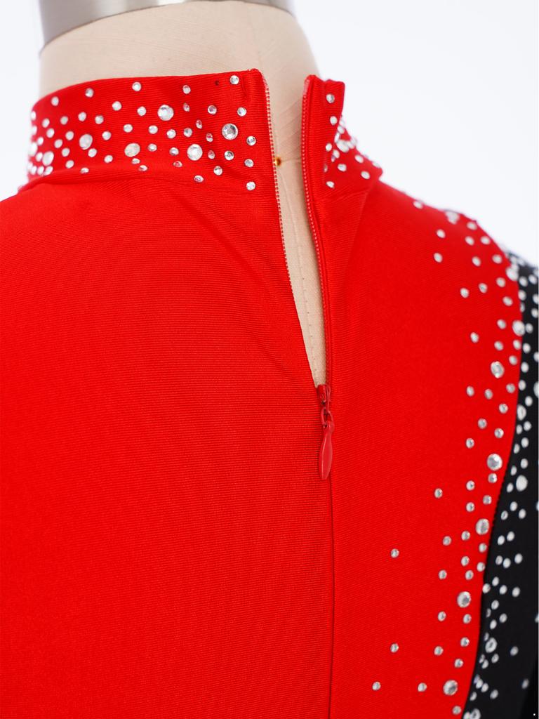 Девочки Комбинезон на все тело Блестящие стразы Блок цвета Воротник-стойка Длинный рукав Одежда для гимнастики