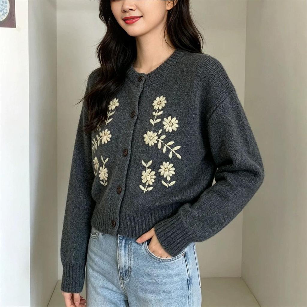 Korean Style Retro Embroidered Knit Cardigan for Women - Cozy, Soft, and Stylish for Autumn/Winter 2026