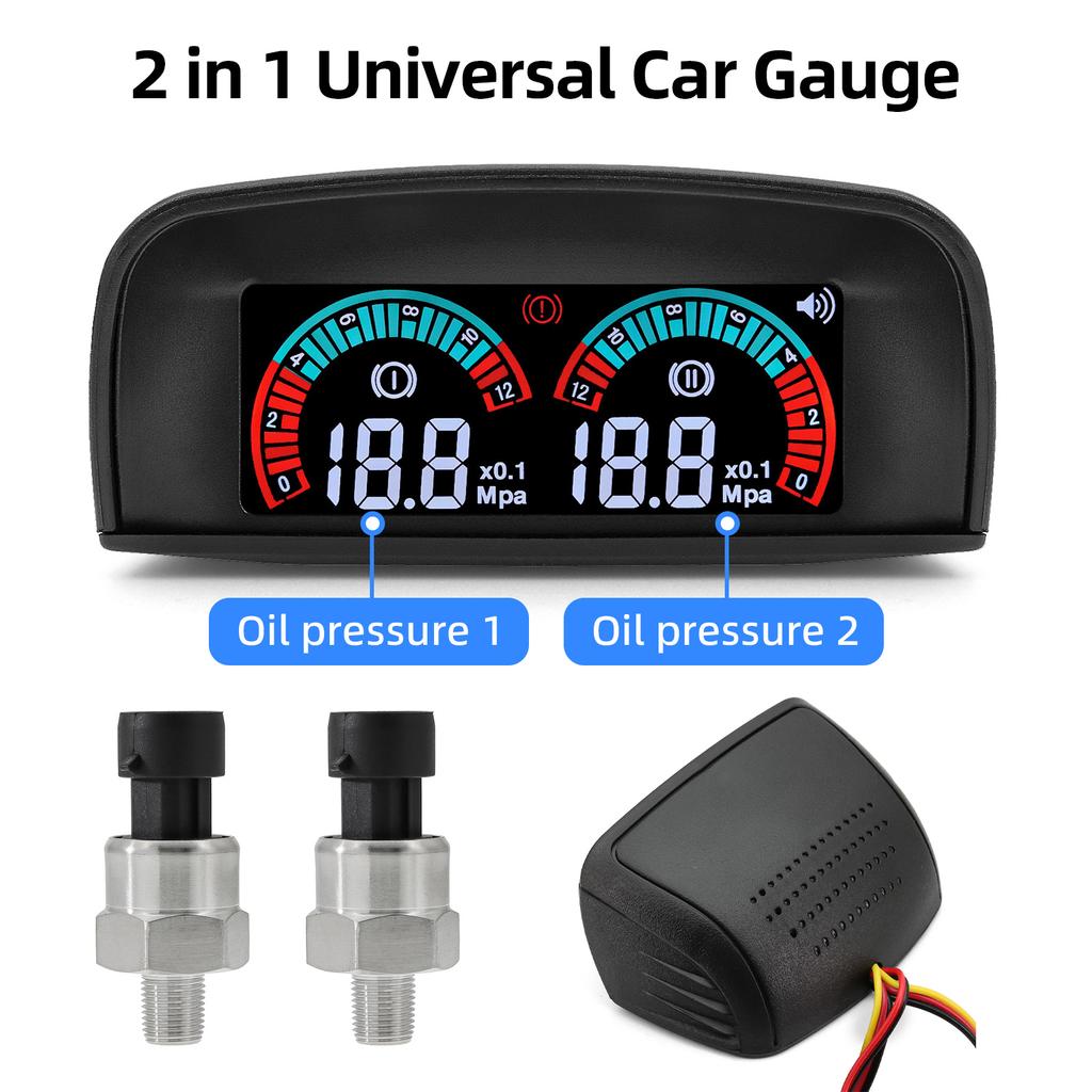 ZMFJH Dual Car Gauge 0-1.2Mpa Double Oil Pressure Meter with Sensor 1/8NPT,M10X1.0 LCD Meter with Buzzing Flash Alarm 12V24V