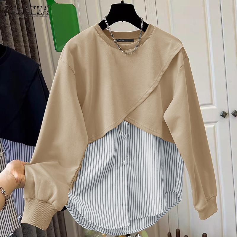 ZANZEA Женская повседневная блузка в полоску с круглым вырезом и длинным рукавом в стиле пэчворк