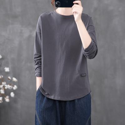 Весна Осень Новые Однотонные Футболки Модные с Круглым Вырезом и Длинным Рукавом Женские Уличные Повседневные Свободные Универсальные Элегантные Пуловеры