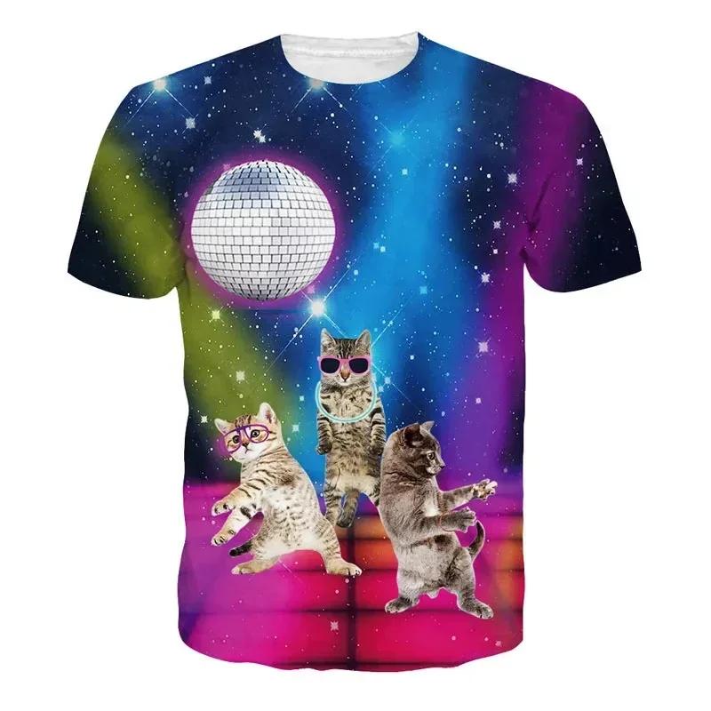Летняя мужская футболка Galaxy Cat с коротким рукавом и 3D-принтом со смешными котами, модная повседневная футболка Harajuku Street с круглым вырезом
