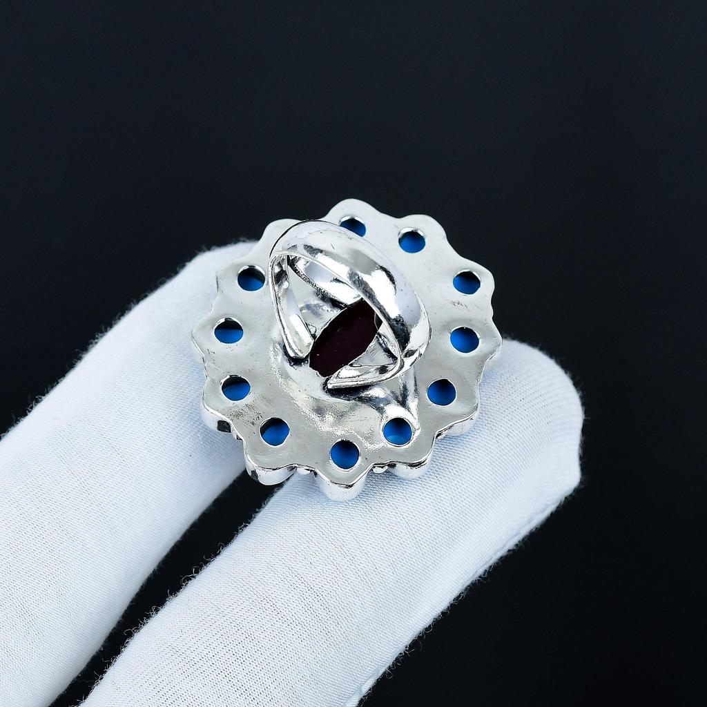 Кольцо с рубином и спящим камнем бирюзы, кольцо из стерлингового серебра 925 пробы, подарок для нее, овальный камень, элегантное кольцо ручной работы, серебряное кольцо с цветком, подарок для жены