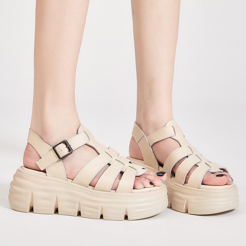 Модные GKTINOO 6см Новые Женские Сандалии С Пряжкой Шлепанцы Коровья Натуральная Кожа Летняя Мода Платформа Танкетка Роскошные Женские Удобные Женские Туфли