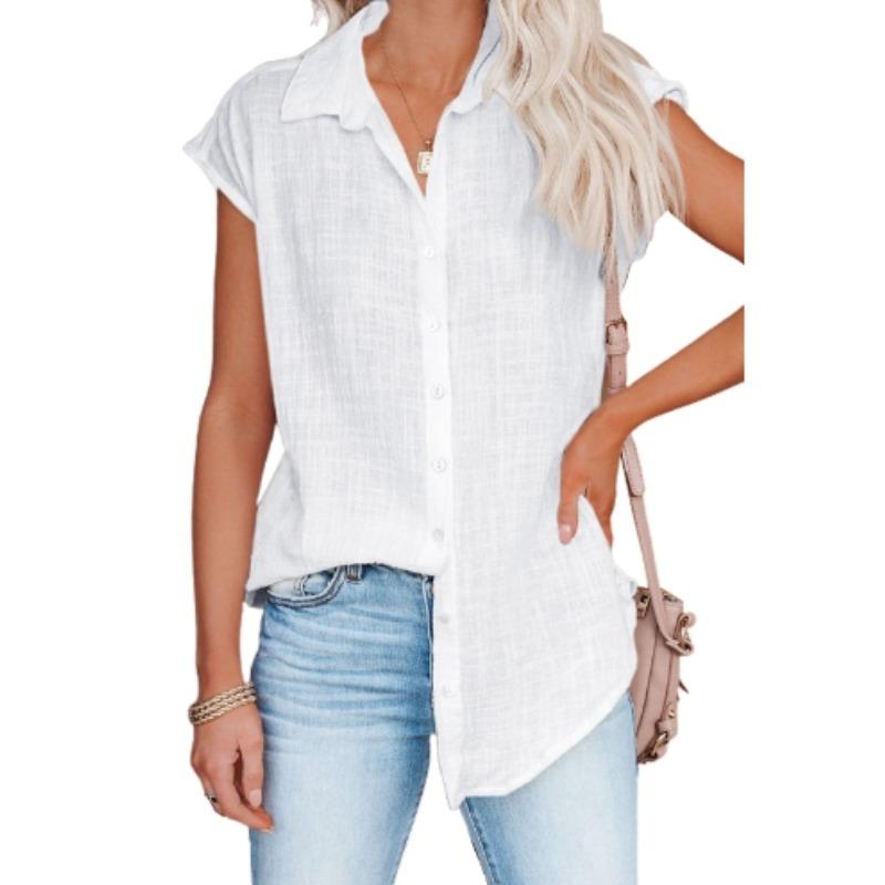 Летняя женская однобортная рубашка однотонного цвета, женская повседневная блузка с коротким рукавом и лацканами