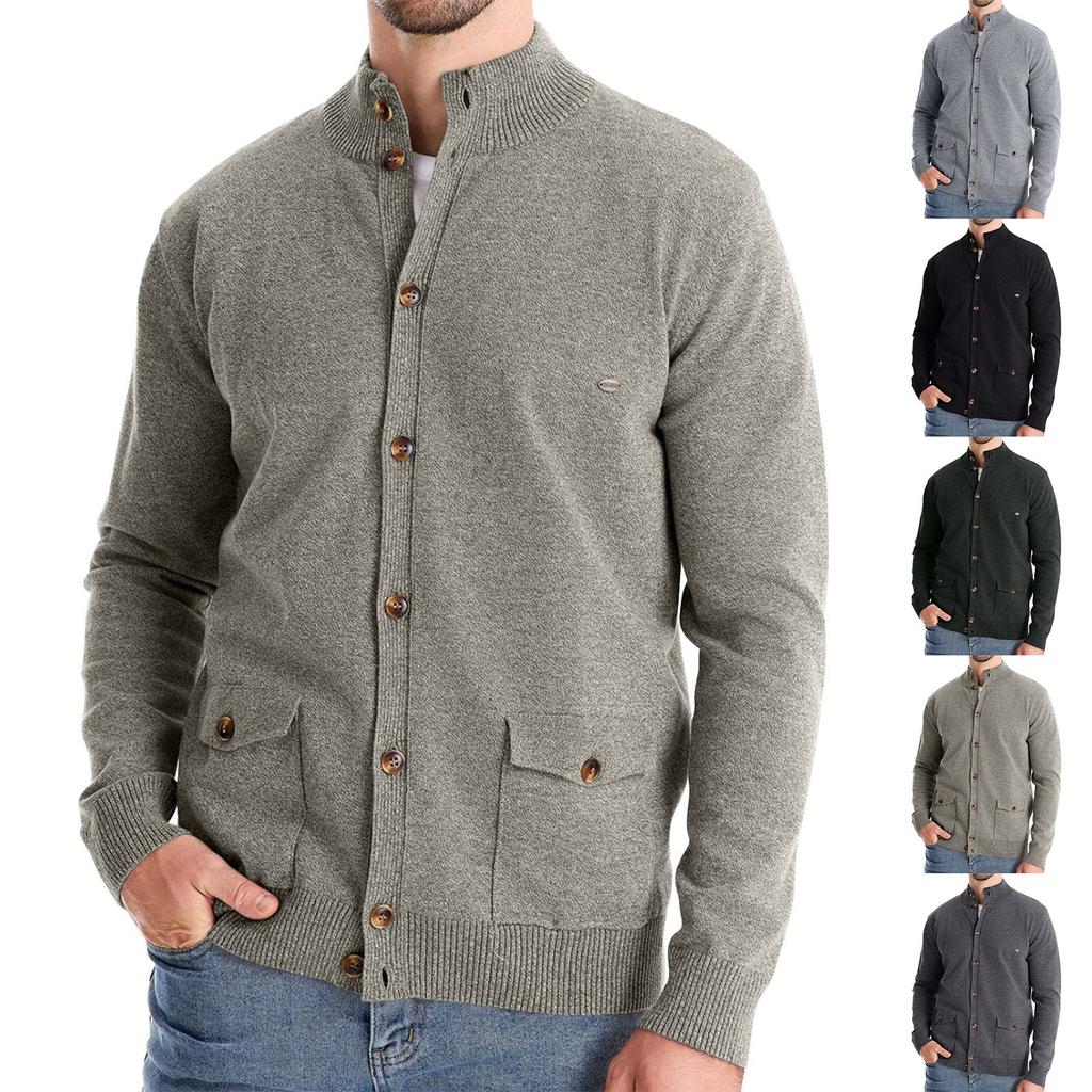 Men's Winter Long Sleeve Solid Color Sweater Jacket Men's Loose Solid Color Knitted Button Cardigan