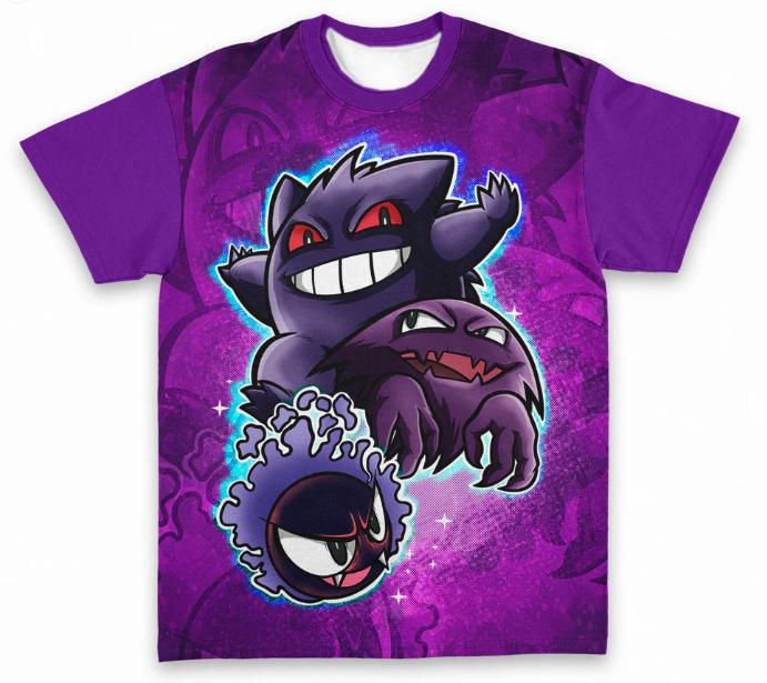 Adult and Kids Pokémon Gengar Dark Style T-Shirt, Gastly Evolution Chain 3D All-Over Print Personalized Short Sleeve