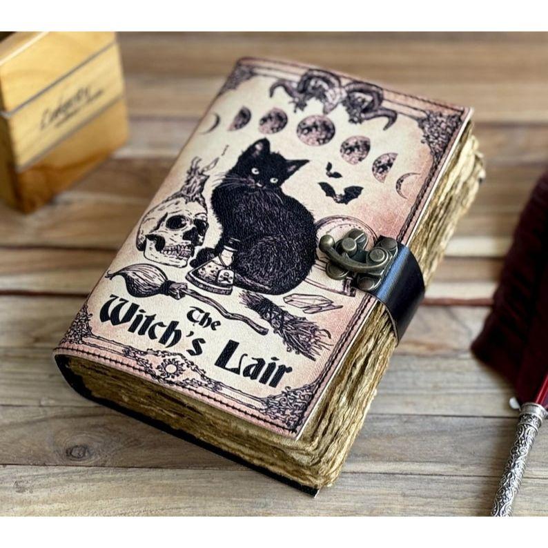 Кожаный журнал Волшебник заклинаний Кошачья книга Пустая тетрадь магии Книга теней Викканская языческая гримуарная книга для путешествий Зарисовка