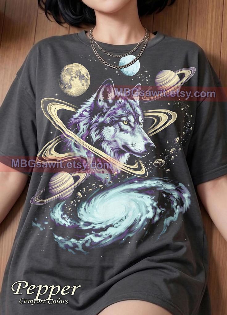 Cosmic Space Wolf Graphic Style Comfort Colors® Tshirt, Galaxy Animal Lover Retro Faded Tee, Y2K Streetwear 2000s Universe Wolf Gift