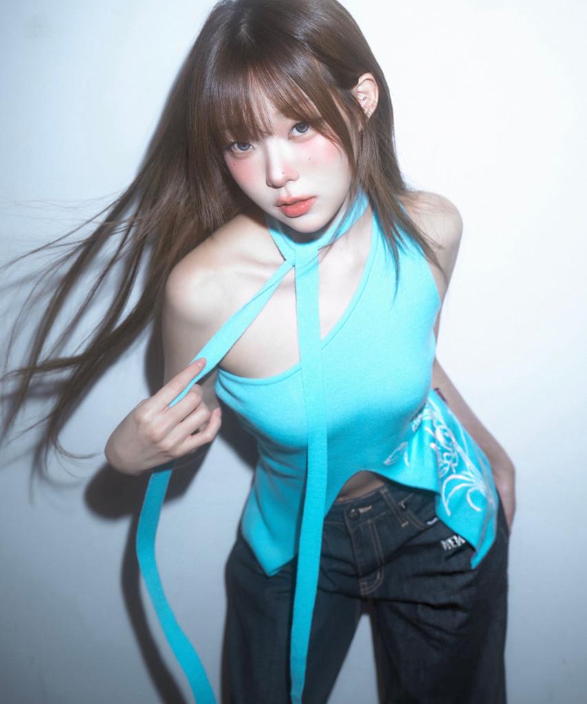 NEWALRIN Ruby Flower One Shoulder Sleeveless Knit Aqua Blue