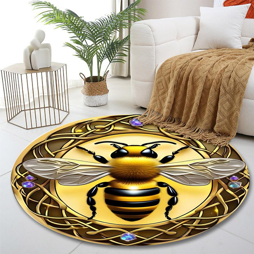 Golden Bee with Celtic Knot Border Print round rug, living room, bedroom, playroom carpet, non slip floor mat, gift