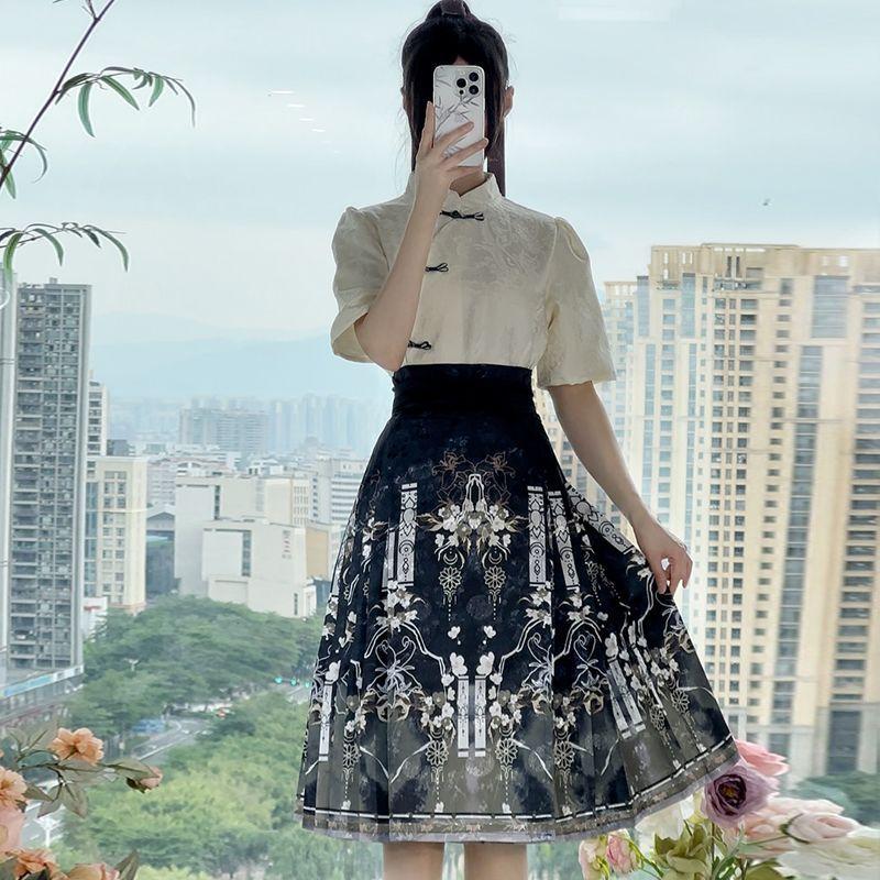 Китайские ханьфу для женщин, летние топы с короткими рукавами, короткие юбки с вытачками, повседневные костюмы