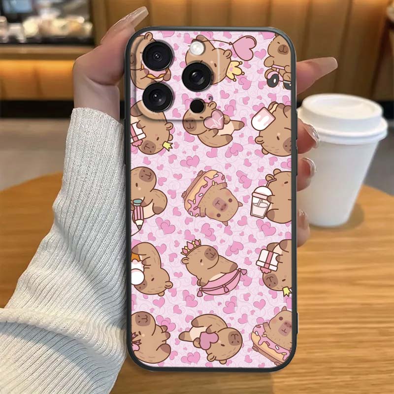 Мультяшная Аниме Капибара Арт Чехол для Телефона Для Apple iPhone 17 16 16E 15 14 13 12 11 Pro Max Plus Черный Мягкий Силикон