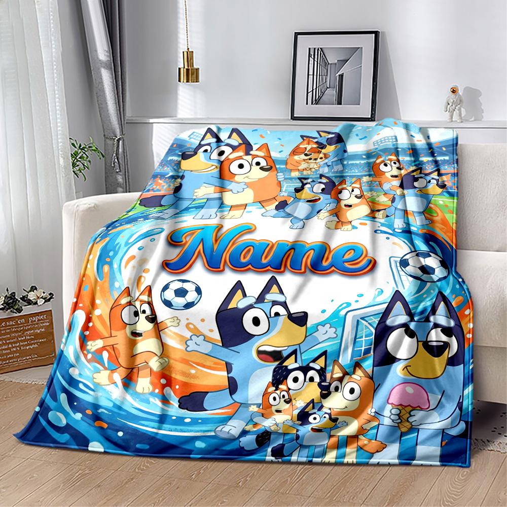 Bluey's Soccer Fun Personalized Name Blanket Gift Customizable Blanket Durable Comfort for Couch Home Decor Bedding Living Room for All Occasions